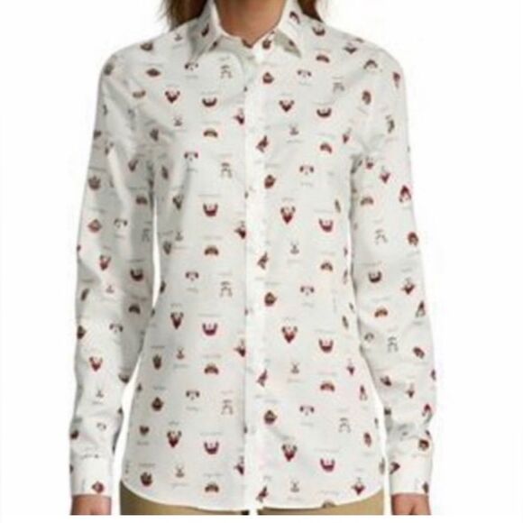Lands’ End Women’s Size 12 Winter Dog Print No Iron Cotton Button Down Shirt - Picture 1 of 12